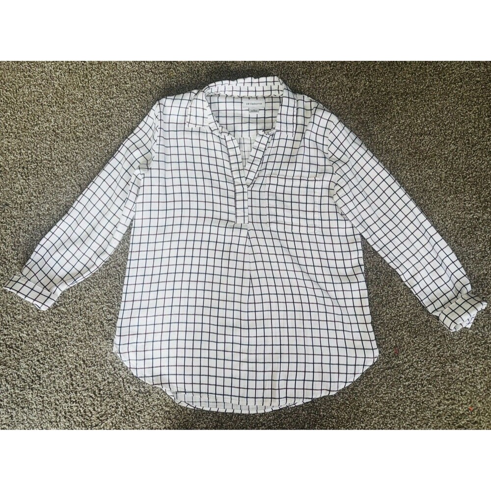 Liz Claiborne Women’s M White/Black Check Collared 3/4 Sleeve Tunic Blouse M